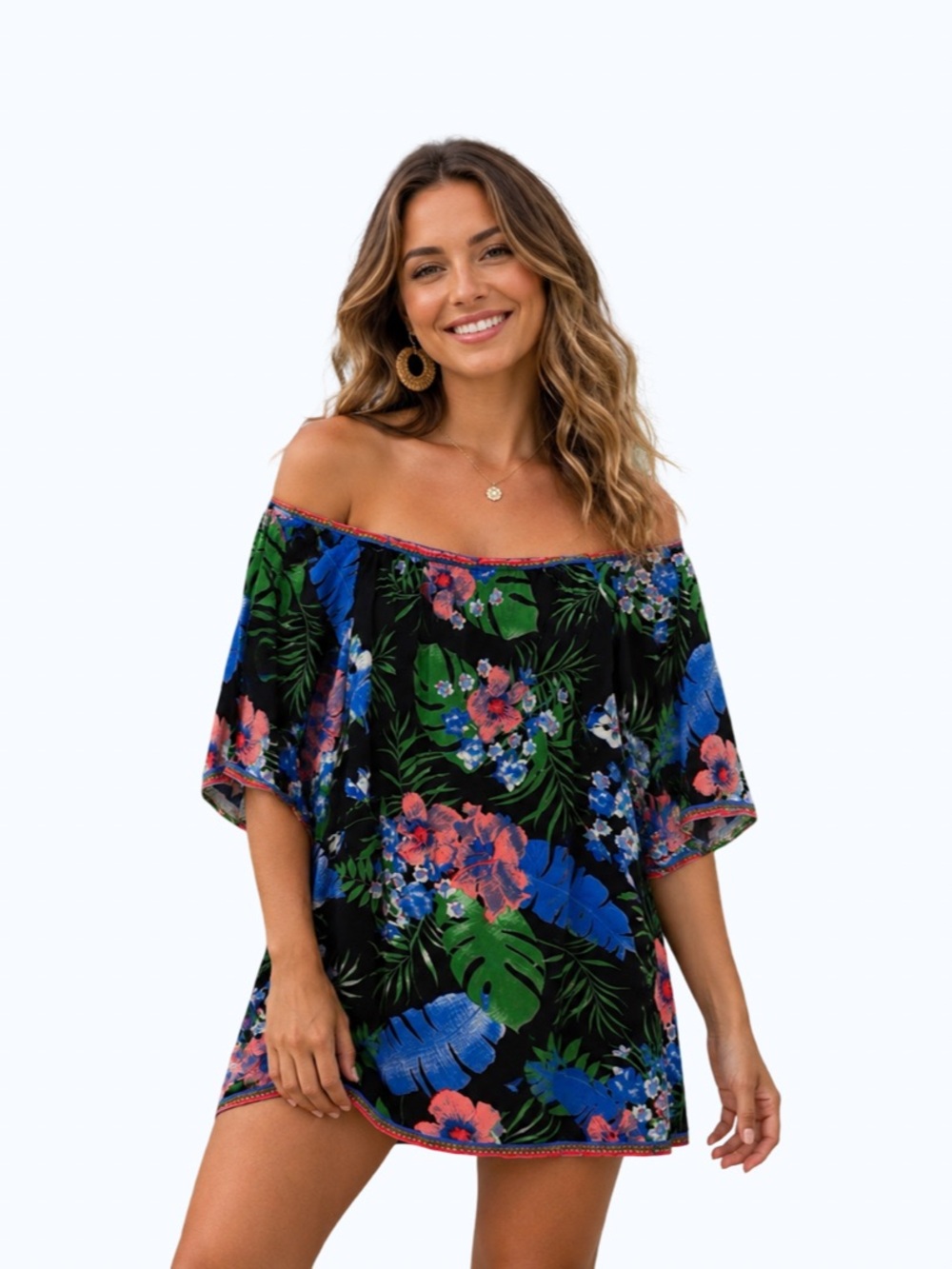 Free Market Vibrant Tropical Off The Shoulder Print Mini Dress - Size Small